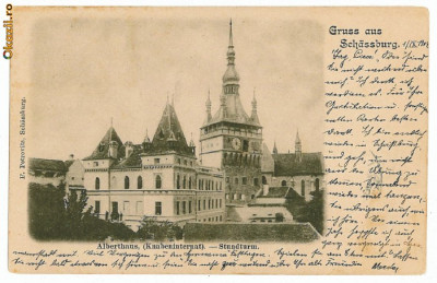 1038 - SIGHISOARA, Mures, The clock tower, Litho - old postcard - used - 1904 foto