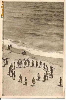 CP205-16 Constanta -Eforie. Pe plaja -RPR -carte postala, circulata 1954(lozinca timbru -paduri langa ogoare cereale in hambare) -starea care se vede foto