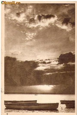 CP205-17 Vasile Roaita -Apus de soare pe ghiol -RPR -carte postala, circulata 1957 -starea care se vede foto
