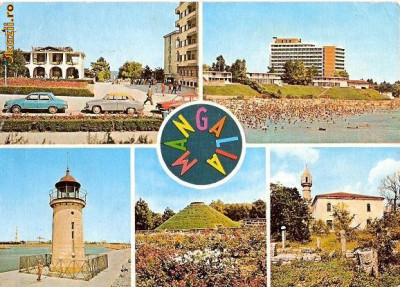 CP208-41 Mangalia: Cazinoul; Plaja; Farul; Mormant scitic; Muzeul de istorie -carte postala circulata 1979 -starea care se vede foto