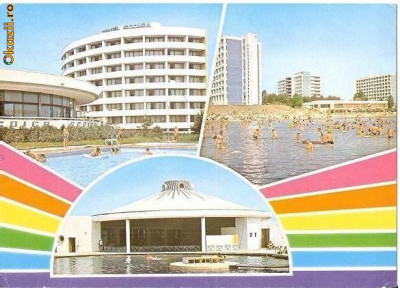 CP208-48 Statiunea Jupiter: Hanul ,,Scoica&amp;quot; cu piscina ; Vedere; Piscina si barul ,,Paradis&amp;quot; -carte postala circulata 1988 -starea care se vede foto