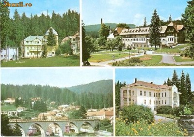 CP208-57 Borsec: Vedere generala; Pavilionul central; Vedere generala(pod); Policlinica -carte postala necirculata -starea care se vede foto