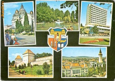 CP208-77 Tg.Mures: Catedrala; Parcul de agrement; Grand-Hotel; Vedere: Cetatea medievala(stema) -carte postala circulata 1977 -starea care se vede foto