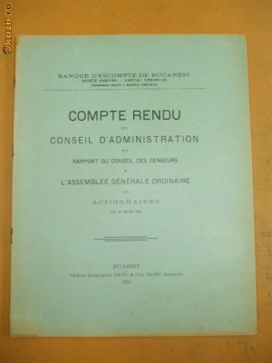 Compte Rendu de Banque d&amp;#039;escompte de Bucarest 1910 foto