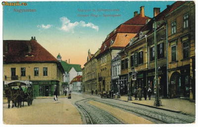 813 - SIBIU, Centrul, caruta, masina, linii tramvai - old postcard - unused foto