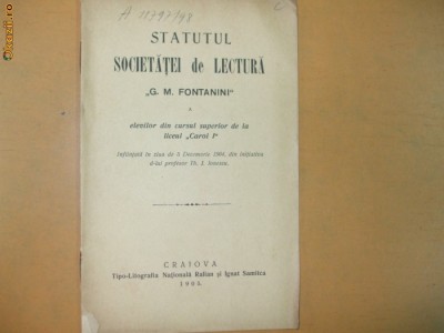 Statute Soc. de lectura ,,G. M. Fontanini&amp;quot; Craiova 1905 foto