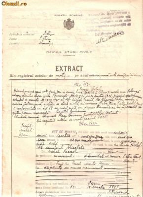 82 Document vechi fiscalizat-30martie1925-Extract Oficiul Starii Civile , oras Piatra, judetul Neamt -deces Michel Pascal,str.Kiselef Nr.8,S.Elisabeta foto