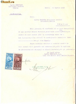 76 Document vechi fiscalizat-20martie1929- Banca Portului SA, prin Jon Eremie si Damian Popescu, se adreseaza catre Banca Moldova, Braila foto