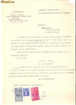 96 Document vechi fiscalizat-5martie1940-L.Morgenstern, catre Constantin Radovici,com.Mircea Voda, jud.Braila -Gara Faurei foto