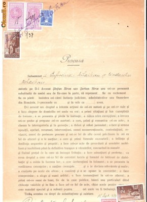 88 Document vechi fiscalizat-15sept1937-Eufrosina si Constantin Mihailescu,da Procura avocatilor Stefan Stroe si Serban Stroe(din Braila) foto