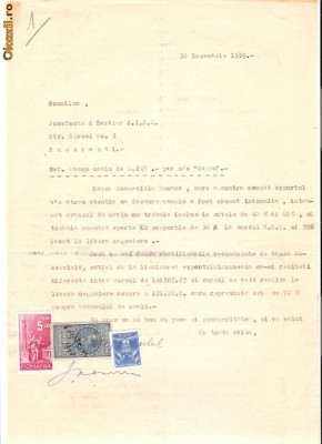 113 Document vechi fiscalizat-30dec1939 -Domnilor SNC Josefshon&amp;amp;amp;Zentler SINC, referitor la diferenta de navlu -BCR foto