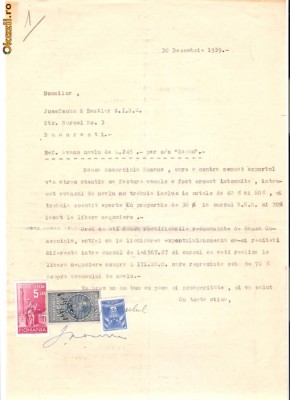 113 Document vechi fiscalizat-30dec1939 -Domnilor SNC Josefshon&amp;amp;amp;Zentler SINC, referitor la diferenta de navlu -BCR foto