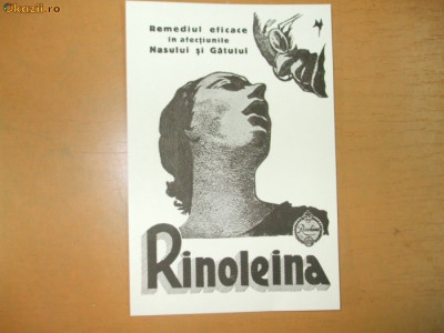 Carte postala reclama RINOLEINA remediul eficace in afectiunile nasului si gatului 16 x 11 cm foto