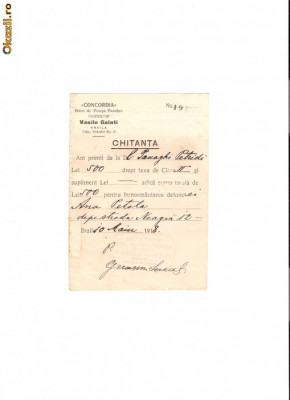 156 Document vechi-1918-Chitanta catre Panaghi Petridi(grec?)(deces,Ana Petala)-,,Concordia&amp;quot; Birou de Pompe Funebre,propietar Vasile Galati,dinBraila foto