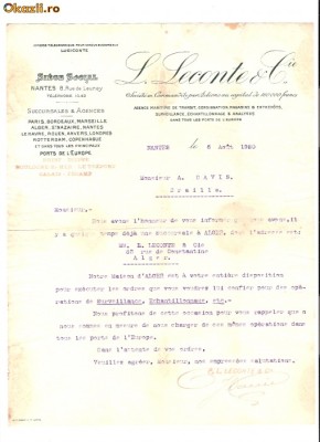 167 Document vechi in limba franceza -Nantes1920- ,,L. Leconte &amp;amp;amp; Cie&amp;quot; agentie maritima, referitor la Alger -catre A.Davis(grec?) Braila-filigran foto