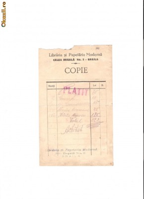 172 Document vechi-192... -Libraria si Papetaria Moderna -Calea Regala No.5 -Braila -Copie foto