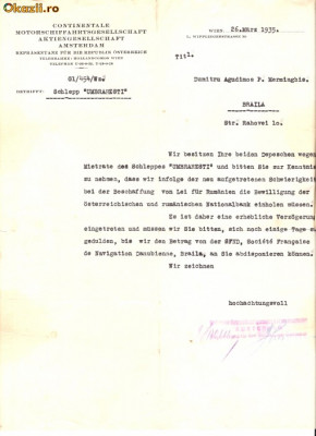 197 Document vechi in germana -26mar1935,Wien -Continentale Motorschiffahrtsgesellschaft Amsterdam, catre Dumitru Agudimos P.Merminghis(grec?)Braila foto