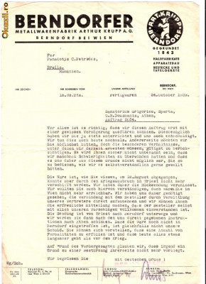 205 Document vechi -24oct1939, Scrisoare in germana, cu antet -Berndorfer Metallwarenfabrik Arthur Krupp A.G. catre Panaiotis C.Petrides(grec),Braila foto