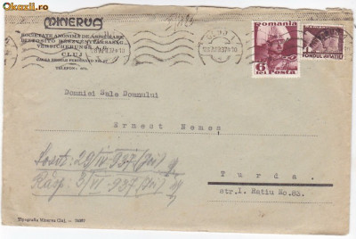 Plic circulat 1937 de la Cluj (Minerva) la Turda foto