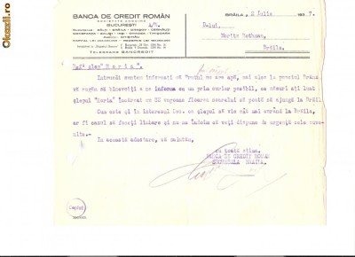 215 Document vechi -1937,Banca de Credit Roman,Bucuresti, catre Moritz Rothman(evreu?), Braila-Prutul nu are apa(Branza), Slep ,,Horia&amp;quot;,(limbare?) foto