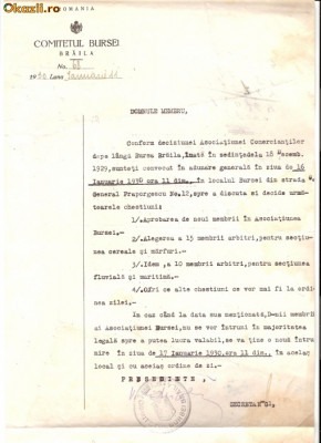207 Document vechi -11ian1930, Comitetul Bursei -Braila, catre membrul sau Spiru Davis (grec?) foto