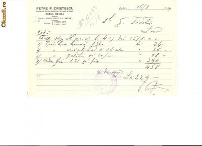 223 Document vechi -1939, Petre P.Cristescu, Mijlocitor Oficial de Marfuri, Cereale si Navlu -Bursa Braila -catre Gh.Fidelis(grec?) -hartie filigran foto