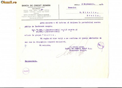 225 Document vechi -1938,Banca de Credit Roman S.A. Sucursala Braila -catre Gh.Fidelis(grec?) -rapita, Slep ,,Horia&amp;quot; -hartie filigran foto