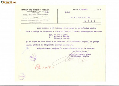 230 Document vechi -1938,Banca de Credit Roman, Sucursala Braila, catre G.Fidellis(grec?)Braila -grau, mazare, porumb,Slep ,,Horia&amp;quot;-hartie filigran foto