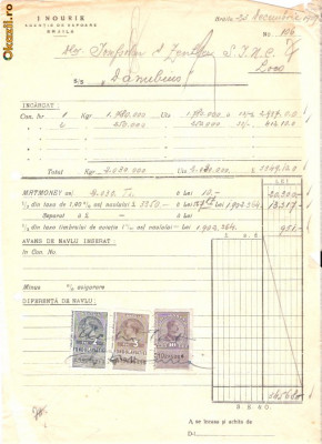 268 Document vechi fiscalizat-1939 - J. Nourik, Agentie de Vapoare, Braila, catre Josefsohn &amp;amp;amp; Zentler,(Braila) -hartie pergament foto