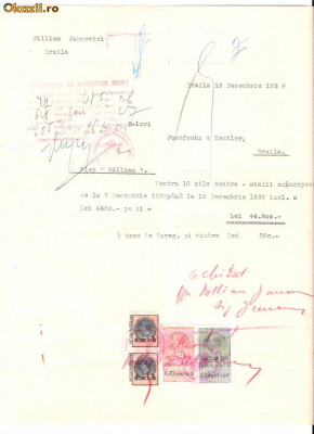 265 Document vechi fiscalizat- William Jancovici, Braila, catre Josefsohn &amp;amp;amp; Zentler, Braila, pentru contrastalii -hartie cu filigran,,ORIGINAL WR foto