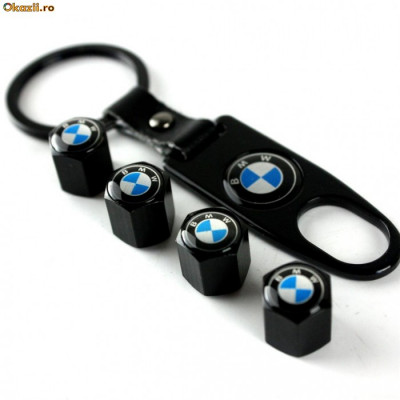 Breloc model auto pentru BMW negru si 4 capacele ventil inox foto