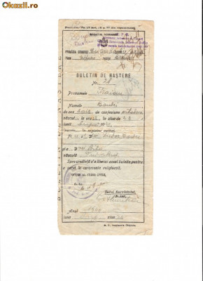 280 Document vechi -25 aug1940 -Buletin de nastere, eliberat de primaria comunei Cioara Radu Negru, plasa Viziru, judetul Braila foto