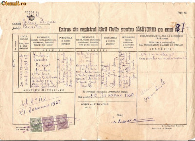 281 Document vechi fiscalizat -Extras din registrul Starii Civile pentru Casatoriti pe anul 1937 -eliberat 1950, Braila foto