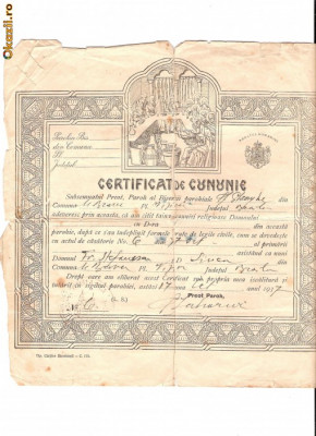 277 Document vechi-17oct1937 - Certificat de cununie -Biserica Sf.Gheorghe, din comuna Mihai Bravu, plasa Viziru, judetul Braila foto