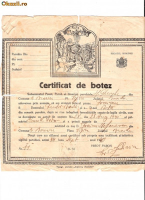 278 Document vechi-14sept1940 - Certificat de botez -pruncul Favian -Biserica Sf.Gheorghe, din comuna Mihai Bravu, plasa Viziru, judetul Braila foto
