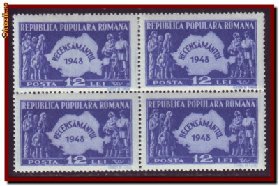 Romania 1948 - Recensamantul RPR, LP 226 bloc de 4 timbre MNH foto