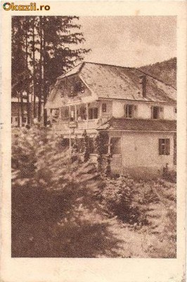 CP 210-29 Tusnad -Casa Sindicatului Calan -RPR -circulata 1953 -sepia -starea care se vede, timbrele au fost dezlipite, semi indoita la un colt foto