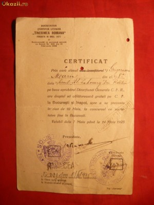 Certificat de Calatorie pe CFR acordat de Tinerimea Romana 1925 foto