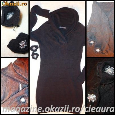 ROCHIE NEAGRA / BEJ TRICOTAJ MANECA LUNGA GULER INALT 2 TRANDAFIRI DETASABILI foto