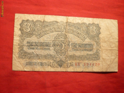 *Bancnota -3 KOROANE ,1953,CEHOSLOVACIA , cal.mediocra foto