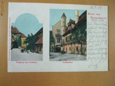 Carte Postala Sibiu Cromotipie Gruss aus Hermannstadt Rathaus foto