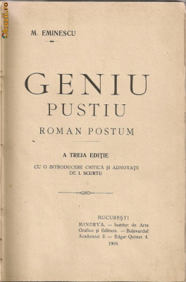 Eminescu - Geniu pustiu ( roman postum ) - a-III- a editie, 1909 foto
