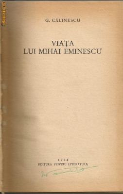 G. Calinescu - Viata lui Mihai Eminescu foto