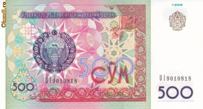 Bancnota Uzbekistan 500 Sum 1999 - P81 UNC foto