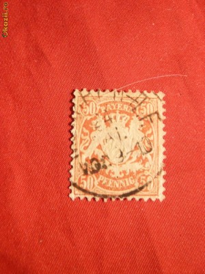 Timbru 50 Pf.1876 Bavaria ,rosu-orange ,dant.,filigr.linie ondulata,stamp. foto