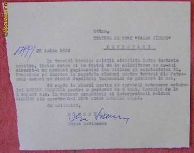Adresa, Teatrul de Stat Valea Jiului, cu semnatura lui Horia Lovinescu, 1972 foto