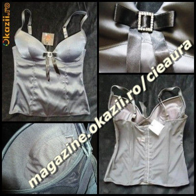 CORSET DAMA ELEGANT SATEN GRI SOBOLAN ACCESORIU PIETRE CLUB OCAZIE made in ITALY foto