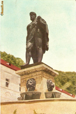 R-1362 Romania, RPR, Baile Herculane, Statuia lui Herculae, marca fixa circulata foto