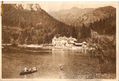 R-1070 Romania, RPR, Tusnad, vedere, barca pe lac, circulata foto