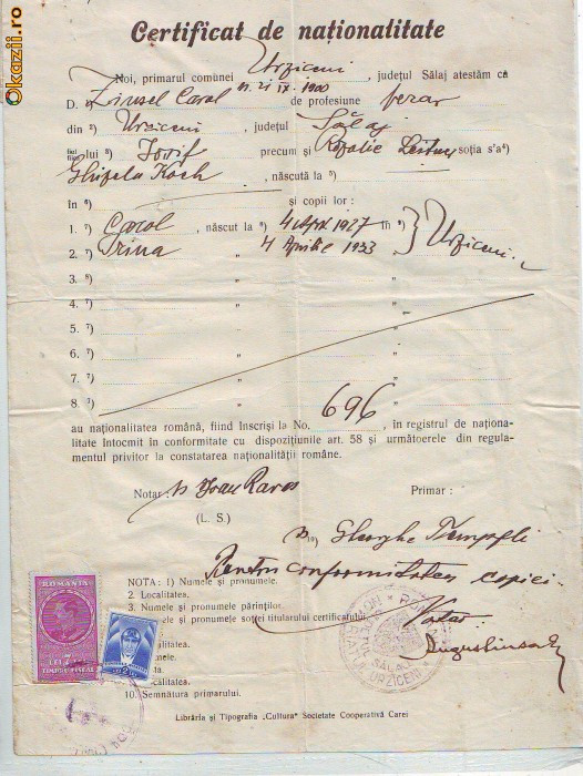 A88 Acte Certificat Nationalitate Urziceni jud Salaj 1934